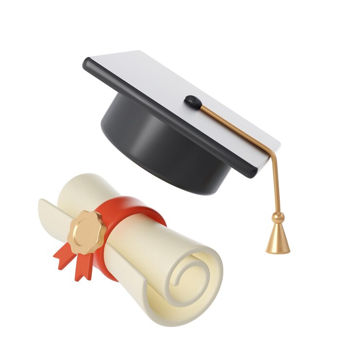 3d illustration of Degree Diploma or graduation scroll ribbon university black cap graduate Icon