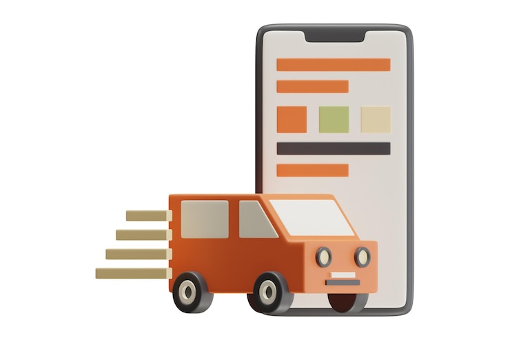 PSD 3d illustration of delivery car and mobile app icon