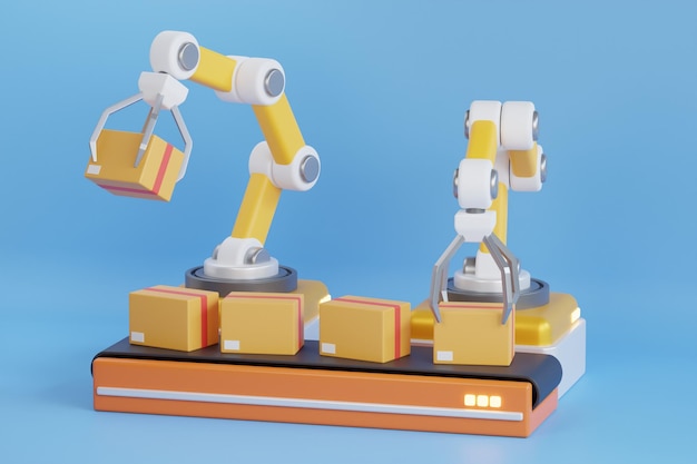 3d illustration of factory machine with conveyor and engineering robot arm sorting yellow box