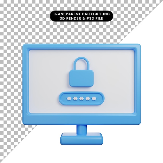 3d illustration of log in security monitor with padlock 3d render style