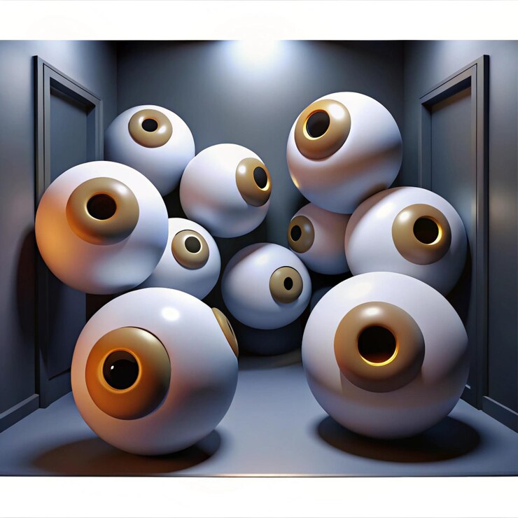PSD 3d illustration of multiple white eyeballs in a gray box with pink and checkered background