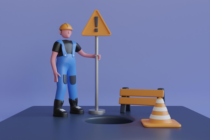PSD 3d illustration of open sewer hatch and orange plastic traffic cones under construction barrier