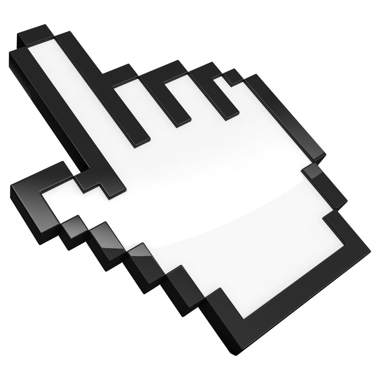 3D illustration of pixelated hand pointer isolated on white