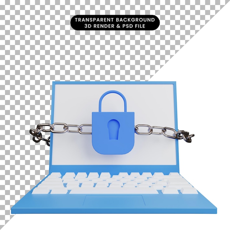 PSD 3d illustration of security concept laptop with padlock and chain