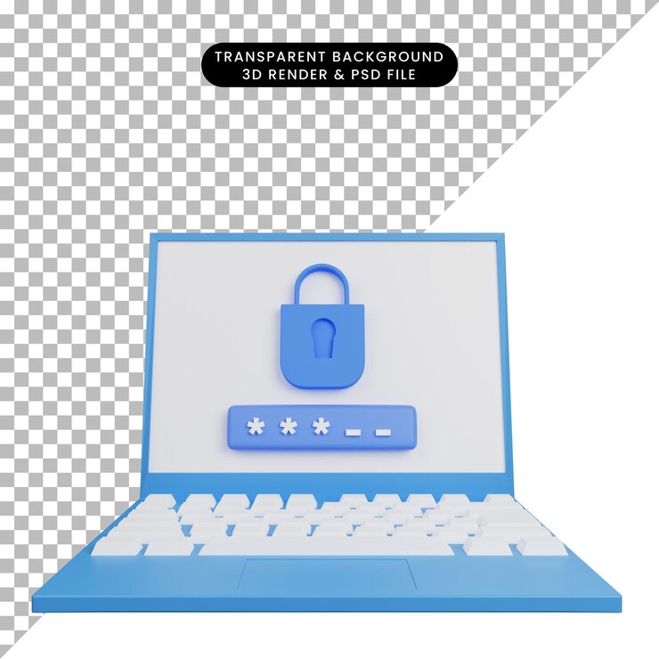 PSD 3d illustration of security concept laptop with padlock login