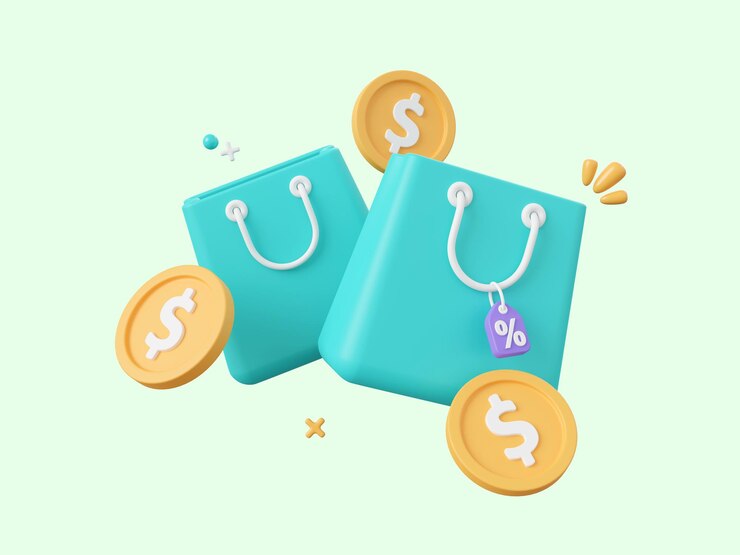 3d illustration of Shopping bags with discount tag and dollar coin Shopping online concept