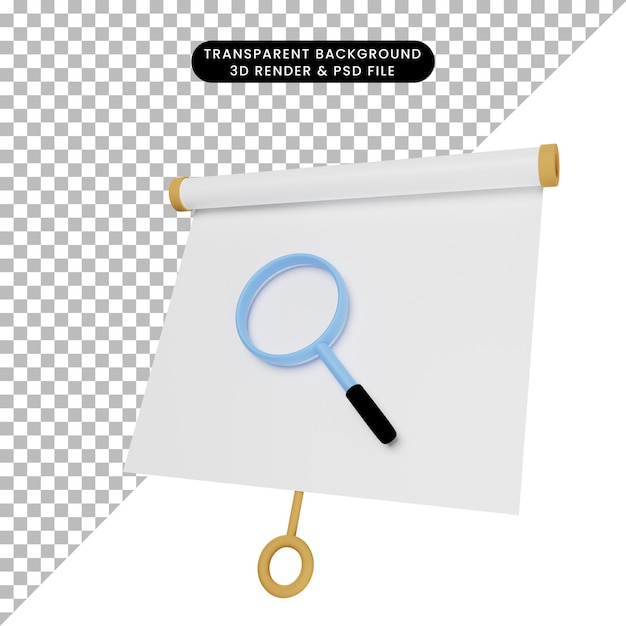 3d illustration of simple object presentation board slightly tilted view with magnifying