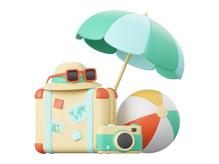 3d illustration of Summer concept Suitcase beach umbrella ball and camera