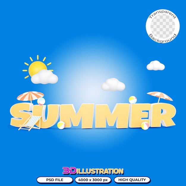 3d illustration of summer text with summer elements on a transparent background