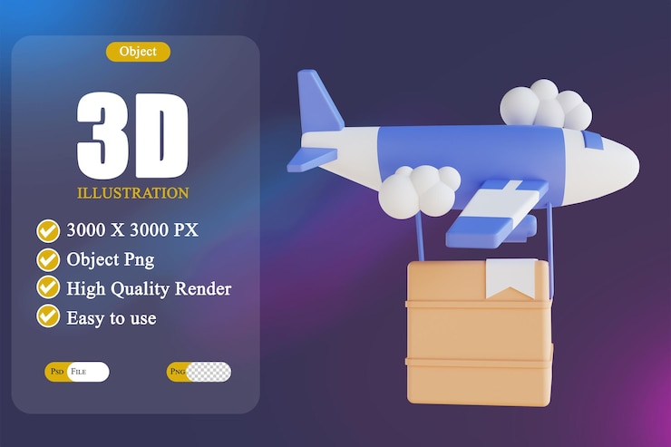 PSD 3d illustration parcel delivery by plane