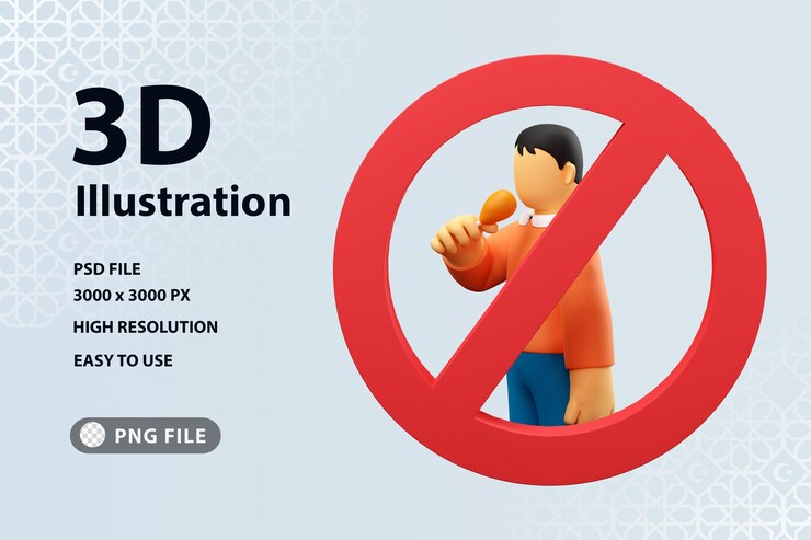 PSD 3d illustration prohibited to eat fasting and diet concept man holding fried chicken