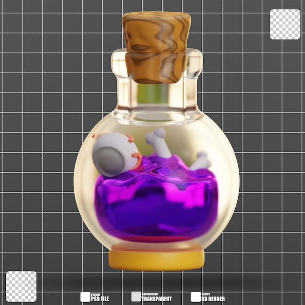 3d illustration Purple liquid bone skull glass bottle cork 2