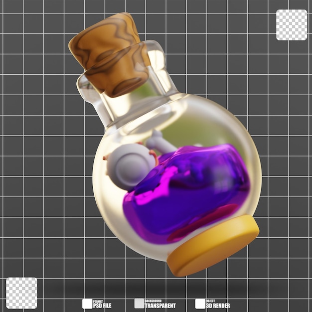 3d illustration Purple liquid bone skull glass bottle cork 4