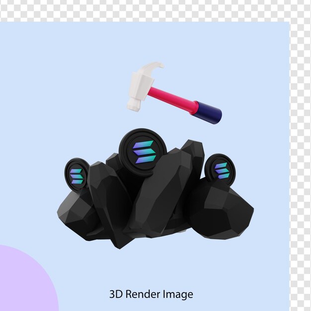 3d illustration solana crypto coin mining avec marteau