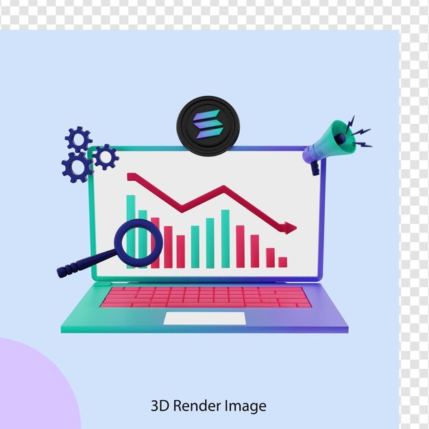 PSD 3d illustration solana crypto rapport d'analyse des pièces vers le bas