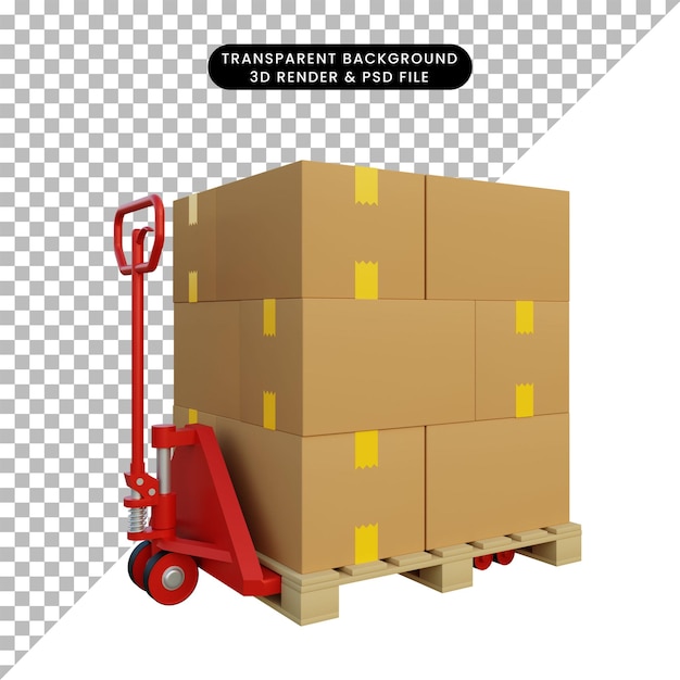 3D-Illustration Versandstapel Karton auf Palette mit Handlift hand