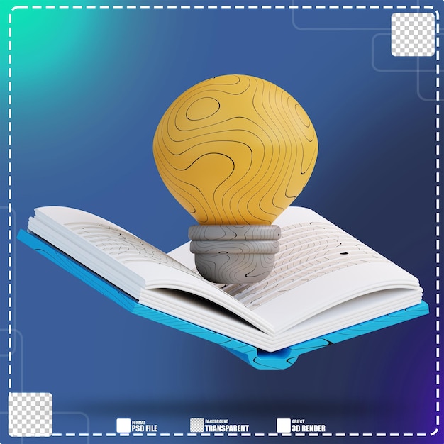 PSD 3d-illustration von buch und ideenlampe 2