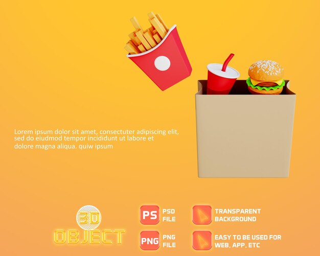 3d-illustration von burger pommes frites auf einkaufstasche