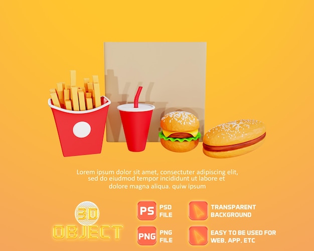 PSD 3d-illustration von burger-pommes frites und langen burgern auf der einkaufstasche
