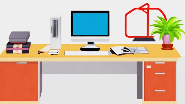 3D-Illustration von Computer-Schreibtisch und -Tisch, isoliert auf weißem Hintergrund