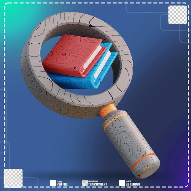 PSD 3d-illustration von lupe und buch 2