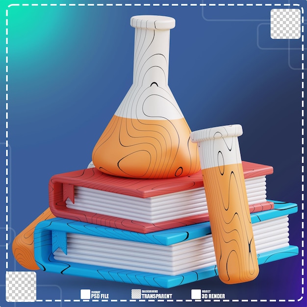 3D-Illustration von Reagenzglas und Buch 3