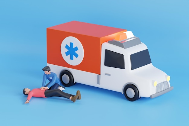 3d-illustration von rettungsdienstmitarbeitern, die einem bewusstlosen mann auf der straße helfen