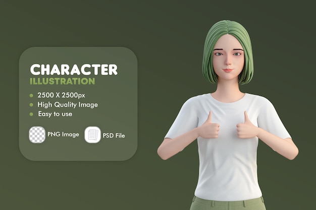 3D-Illustration von süßen Casual Woman zeigen Daumen nach oben mit beiden Händen
