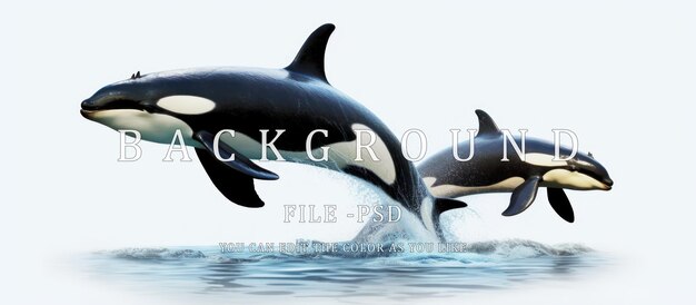 3d-illustration von zwei killerwalen, die im offenen meer auf weißem hintergrund springen