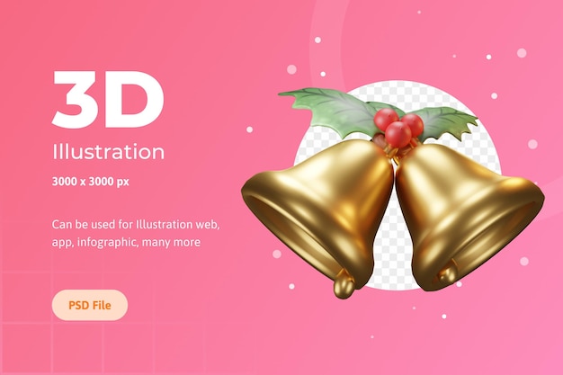 PSD 3d-illustration weihnachtsobjekt, glocke mit blumenweihnachtsstern, für web, app, infografik, etc.