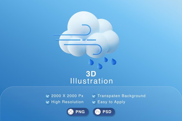 3D Illustration white cloud, windy and raining weather forecast