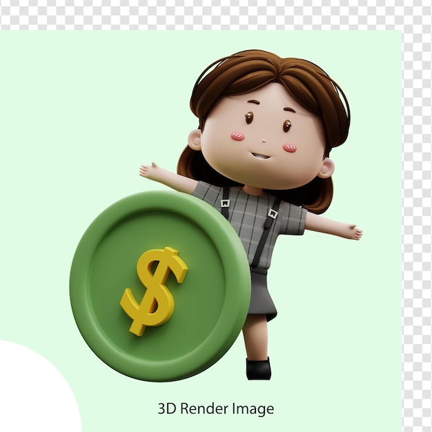 PSD 3d-illustration zeichentrickfigur geschäftsfrau mit münzdollar