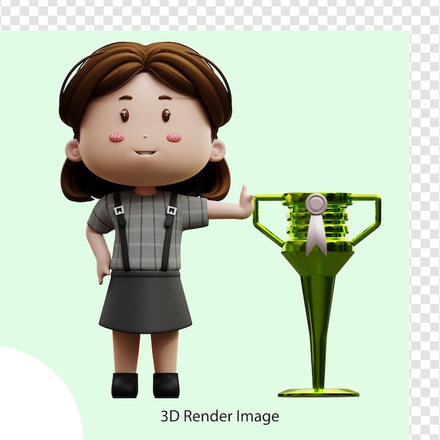 3d-illustration zeichentrickfigur geschäftsfrau mit trophäe