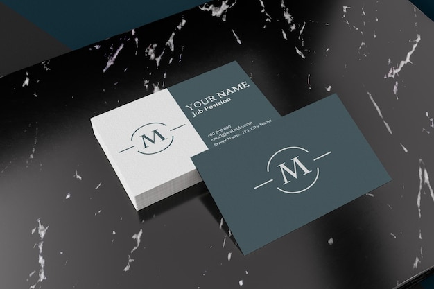 3D-Illustration Zwei weiße Visitenkarten Mockup auf schwarzem Marmor Vorlage für Branding-Design Busi