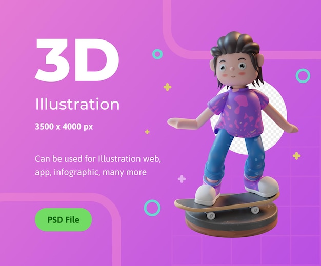 3D-Illustrations-Charakter, der Skateboard mit einem Podium spielt, das für Web-App-Infografik usw. verwendet wird