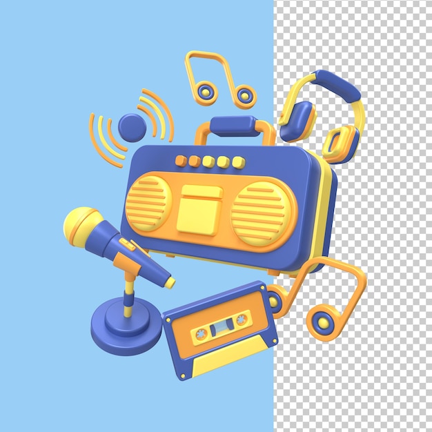 3d illustrations of object and icon for music event, podcast, broadcast, similar event.