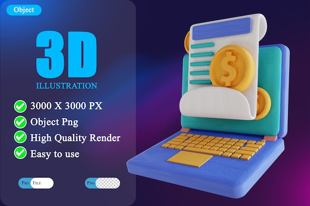 3D-Illustrationslaptops und Finanzberichte 3
