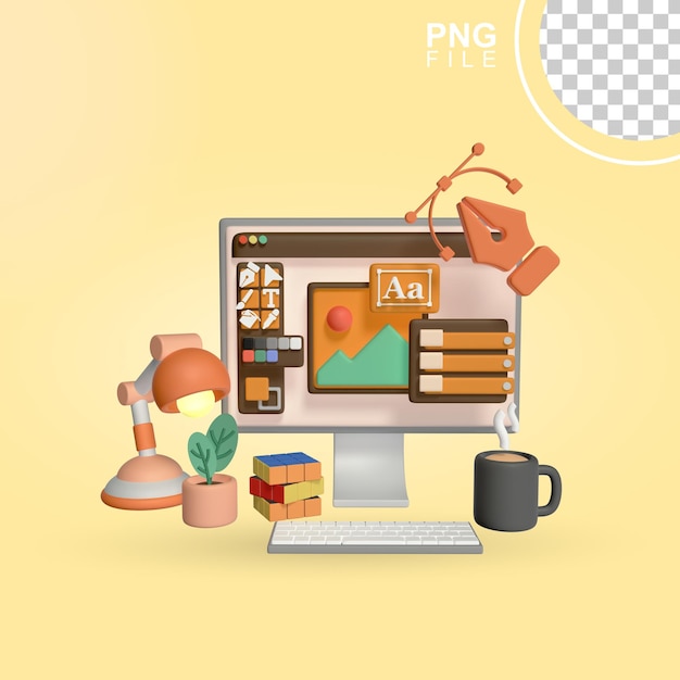 3D Illustrator PC Setup-Symbol ein Computerbildschirm mit einer Webseite darauf