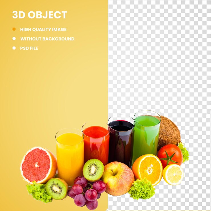 PSD 3d illustrazione di succo di frutta e succo di mela fruit juicer drink e una varietà di succhi di frutta e nat