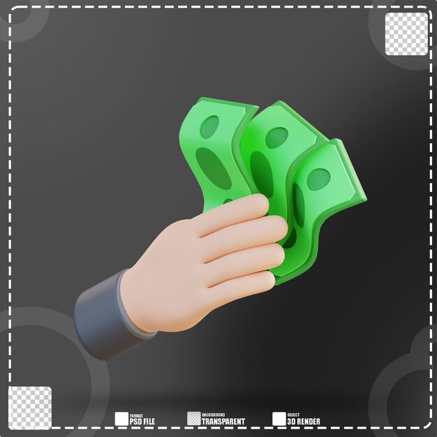 3d illustrazione di una mano che tiene una banconota 3
