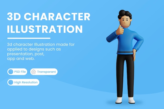 3d illustrazione personaggio dei cartoni animati pollice in alto rendering 3d Psd Premium
