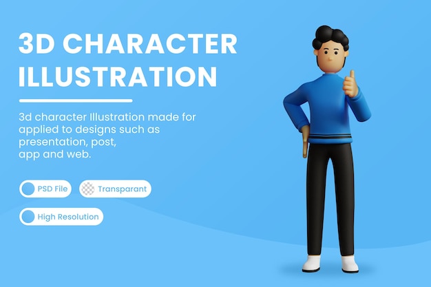 3d illustrazione personaggio dei cartoni animati pollice in alto rendering 3d Psd Premium