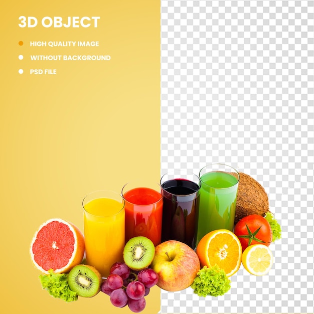 3d Ilustração de suco de frutas e suco de maçã Bebida de suco de frutas e uma variedade de sucos de frutas e nat
