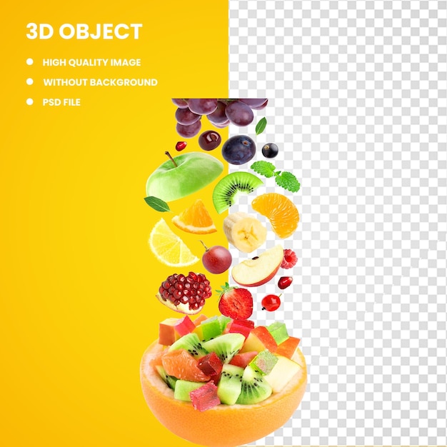 PSD 3d ilustração de variedade de frutas em queda e salada de frutas berry freshfel europa alimentos e frutas em queda