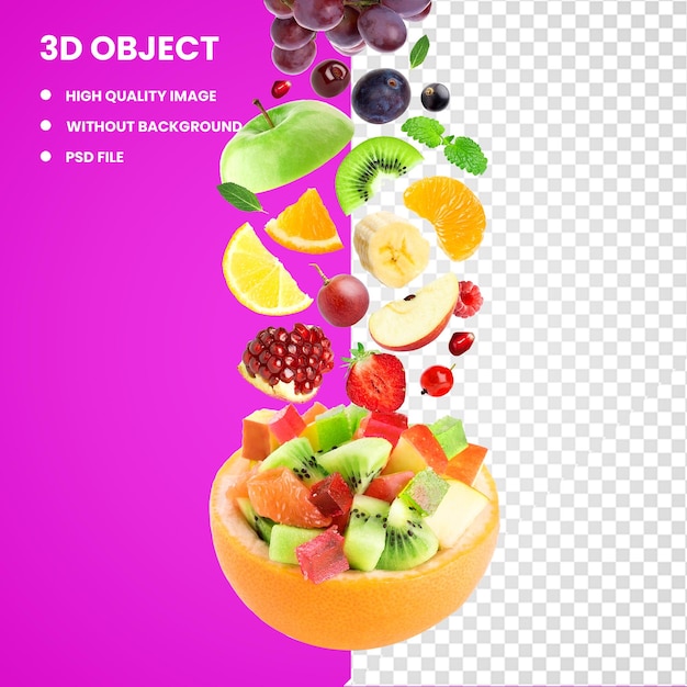 PSD 3d ilustração de variedade de frutas em queda salada de frutas berry freshfel europa alimentos