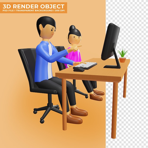 PSD 3d ilustração dos desenhos animados de dois trabalhadores de escritório discutindo na frente do computador