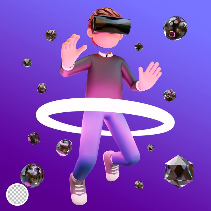 PSD 3d ilustração menino bonito usando óculos vr com fundo gradiente