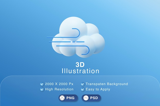 PSD 3d ilustração nuvem branca e previsão do tempo ventoso