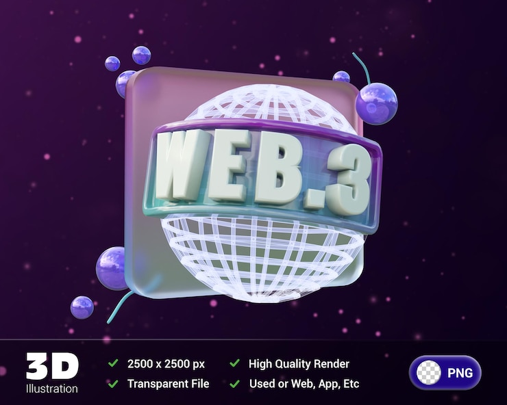 PSD 3d ilustrace web3 na fialovém pozadí ve stylu glassmorphism