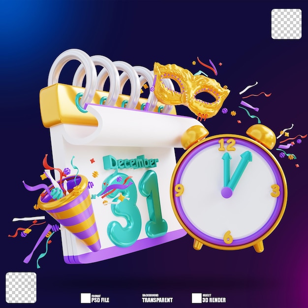 PSD 3d ilustración año nuevo calendario y reloj 2